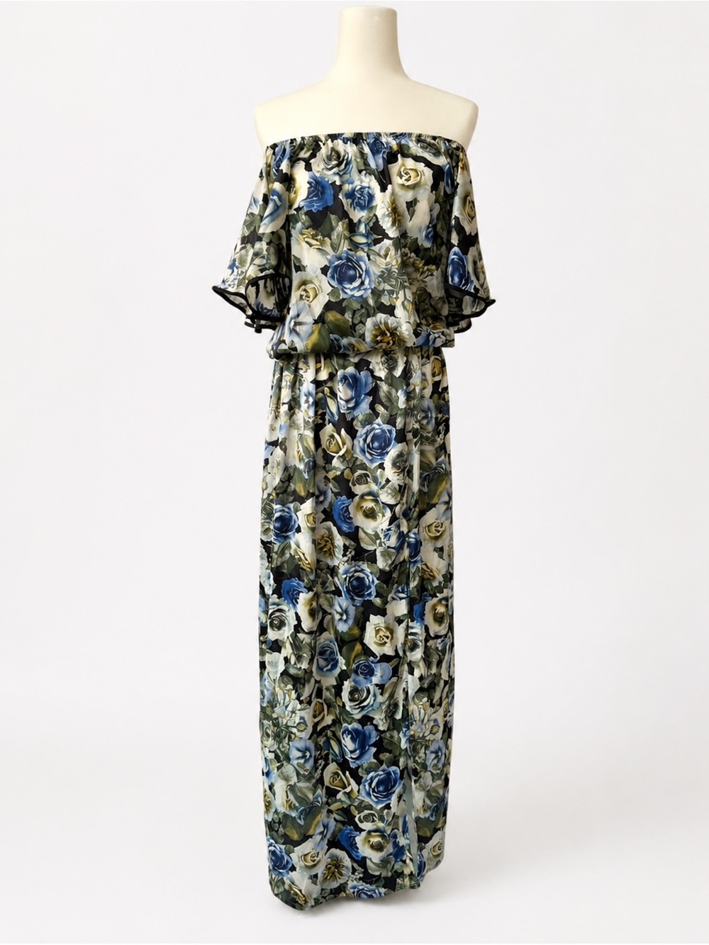 Blue Floral Off-Shoulder Maxi Dress with Ruffle Bodice